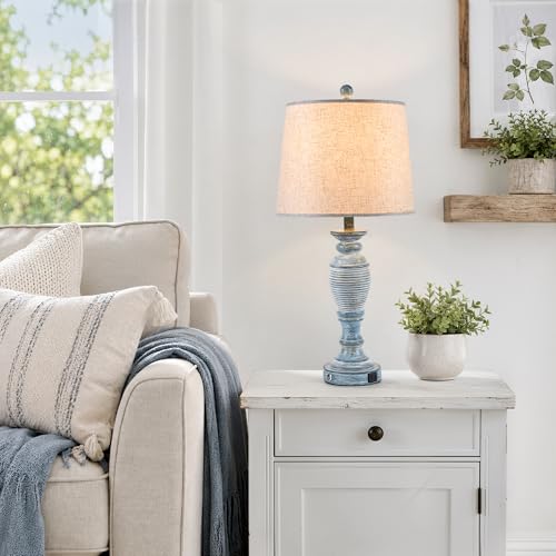 27.7" Table Lamps for Living Room Set of 2, 3 Way Dimmable Touch Lamps for Bedrooms with Dual USB Ports, Farmhouse Lamps for Nightstand,2 Bulbs Included - color: Teal