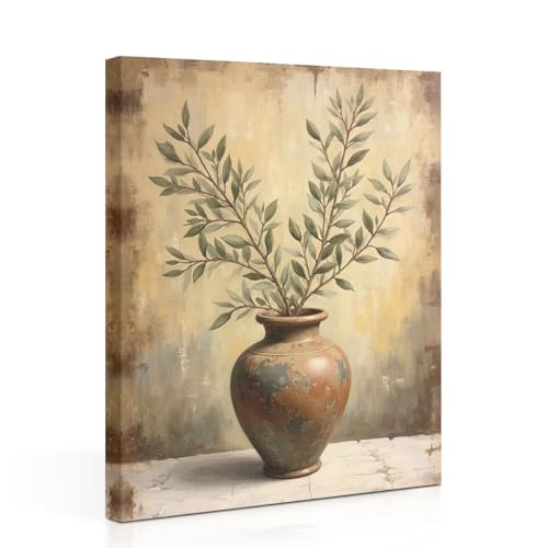 Vintage Vase Canvas Wall Art, Vintage Leaf Wall Decor Framed Prints for Home Living Room Corridor Kitchen Apartment Decor, Modern Rustic Plant Artwork, Housewarming Gifts 11.5x15 Inch - color: Multi 1374