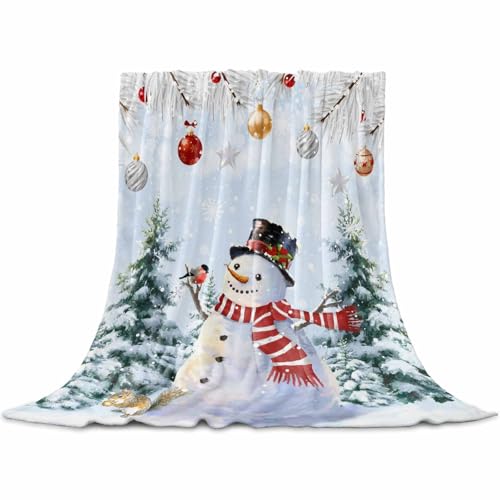 Snowman Throw Blankets, Blue Merry Christmas Tree Red Balls Squirrel Soft Fleece Blanket Decorative for Home Sofa Couch Chair Living Bedroom,40x50 Inches, Winter - color: Christmas-lxm13058, size: 40x50 Inch