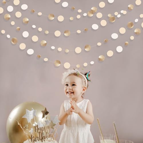 Champagne Gold Party Decorations Circle Dots Garland Gold Neutral Nude Neutral Cream Beige Boho Hanging Polka Dot Streamer for Bridal Shower Birthday Wedding Engagement Baby Shower Party Supplies - color: Champagne Gold