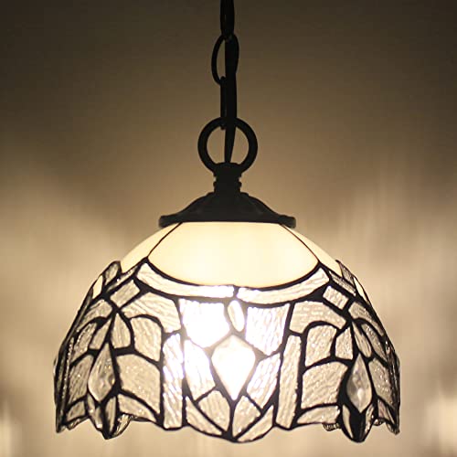 Small Tiffany Pendant Light 8 inch Tiffany Style Stained Glass Pendant Hanging Lamp Small Vintage Hanging Light Fixtures for Home Living Room Restaurant Hallway (White Bending Crtystal Style) - color: White Bending Style