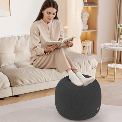 MeMoreCool Round Pouf Ottoman – 20x20x15 Inch Stuffed Footrest with Foam Filling, Dark Grey Small Circle Footstool for Living Room | Soft Teddy Fleece Cover | Washable Compact Floor Pouf - color: Teddy Dark Grey