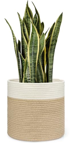 Dahey Jute Spliced Cotton Rope Plant Basket Modern Woven Storage Basket for 12" Floor Indoor Planter, Decorative Flower Pots Cover Laundry Bin with Handle Rustic Home Decor, White and Beige - color: White and Beige, size: 12"W × 12"H