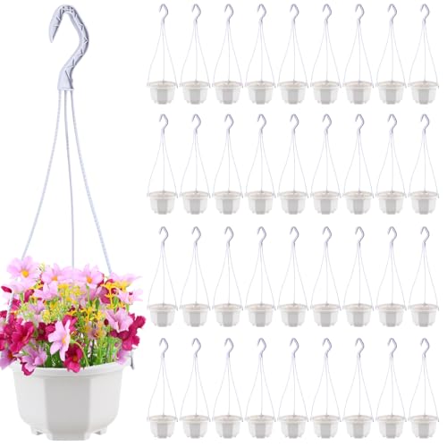 Roshtia 24 Pcs Hanging Plastic Planter Pot with Hook Flower Pots Baskets Hanging Nursery Planter Holder for Outdoor Indoor Plant Garden (Ceramic White,5 Inch) - color: Ceramic White, size: 5 Inch