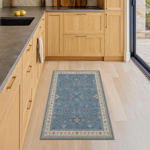 Blue 2x4 Runner Rug for Entryway Indoor, Kitchen Floor Waterproof, Bathroom, Powder Room, Washable Non Slip Low Pile Stain & Fade Resistant, Modern Eclectic Floral Decor - color: Dusty Blue, size: 2' x 4' (Rectangular)