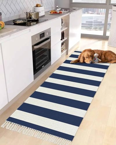 Navy Blue Stripes Kitchen Runner Rug 2'x4', Washable Woven Cotton Area Rug with Tassels Bathroom Hallway Rug, Farmhouse White Simple Vertical Striped Entryway Bedroom Rug Non Slip Throw Rug Carpet - color: Navy Blue, size: 2 x 4 ft