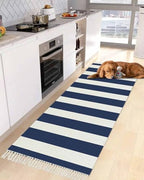 Navy Blue Stripes Kitchen Runner Rug 2'x4', Washable Woven Cotton Area Rug with Tassels Bathroom Hallway Rug, Farmhouse White Simple Vertical Striped Entryway Bedroom Rug Non Slip Throw Rug Carpet - color: Navy Blue, size: 2 x 4 ft