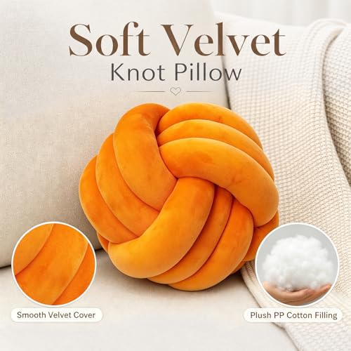 Petrella Knot Pillow, 8 Inch Orange Round Velvet Throw Pillow Ball Cushion, Machine Washable Soft Decorative Accent Pillow for Couch, Sofa, Bed, Home Decor - color: A1-orange, size: 8inch