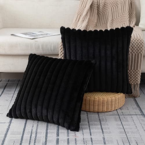 ZLINA Set of 2 Black Faux Fur Decorative Throw Pillow Covers Fluffy Striped Pillowcase Cushion Covers 18 x 18 Inch Decor Sofa Couch Bedroom - color: Black, size: 18" x 18" (Pack of 2)