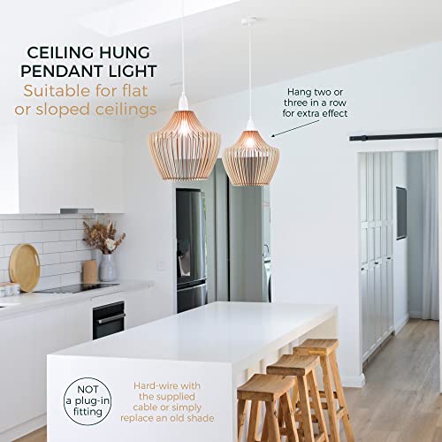 Wood Pendant Light - Easy-to-Assemble Ceiling Chandelier - Modern Boho Hanging Lamp Lighting Fixture for Dining, Kitchen, Bedroom, Living Room - Adjustable Nylon Cord, Uses Standard Bulb - color: Wood