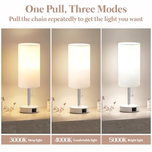 Dicoool Small Bedside Table lamp for Bedroom - 3 Color Modes, Desk Lamp with USB-C and USB-A Charging Ports, Pull Chain, Nightstand Light for Office, Kids Room, Dorm Lamp - color: White-White