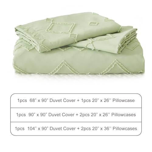 EMME Boho Duvet Cover Twin Size Sage Green - 2 Pieces Soft & Breathable Tufted Shabby Chic Embroidery Bedding for All Seasons, 1 Duvet Cover with 1 Pillow Shams & Zipper Closure (Sage Green, Twin) - color: 25 - Sage Green, size: Twin(68"×90")