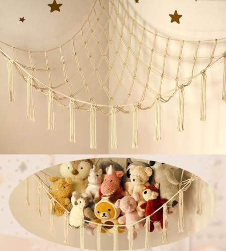 Stuffed Animal Storage Hammock or Net Corner - Large Toy Hammock Net for Stuffed Animals Room Decor - Cute Stuff Animal Organizer Plush Holder - Kids Baby Nursery Essentials Wall Bedroom Home Decor - color: Beige, size: Standard(41.5"L x 55.2"W x 41.5"H)