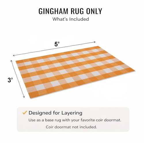 Spring Yellow and White Plaid Rug, 3' x 5' Cotton Blend Layered Doormat for Front Door, Hand-Woven Washable Entryway & Porch Decor - color: Pumpkin Yellow and White, size: 3' x 5'