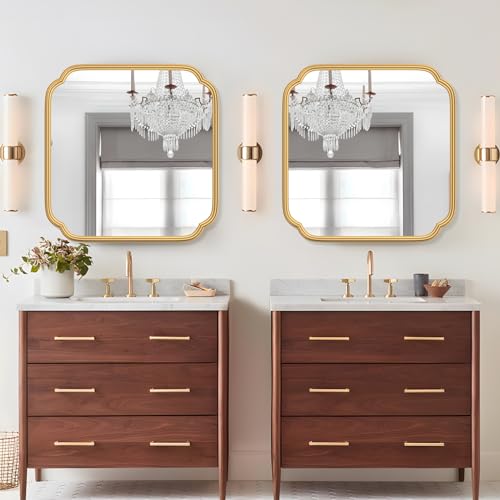 Ferytange Gold Bathroom Mirror for Wall 24" x 24" Modern Rounded Corner Square Mirror with Non-Rusting Iron Metal Framed Bathroom Vanity Mirror for Over Sink Wall Decor Horizontal/Vertical - color: Gold, size: 24"L x 24"W