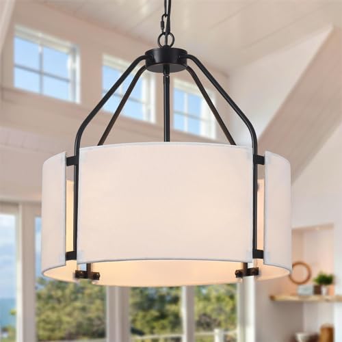 Drum Chandeliers, 18'' Drum Pendant Light Fixture with White Linen Fabric Shade, White Chandelier Adjustable Modern Farmhouse Hanging Lights for Dining Room Bedroom Kitchen Foyer Entryway - color: 18Inch White&Black