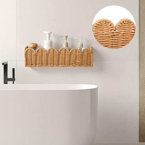 Ripeng 2 Pcs Scalloped Hanging Shower Caddy, Wicker Wall Bathroom Shelves, Waterproof Shower Shelves for Cosmetics, Toiletries Organization and Storage, Rattan Wall Rack for Bathroom Decor