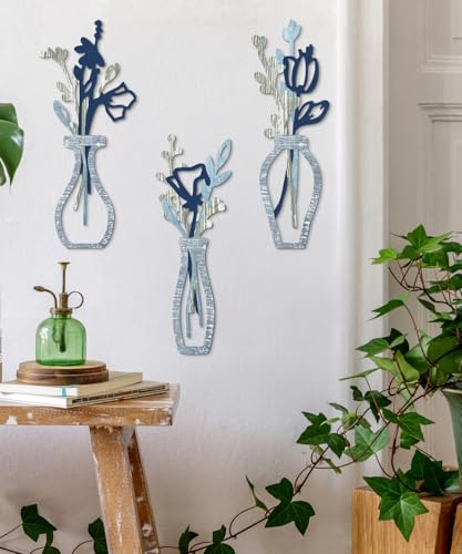 Putuo Decor 3 Pieces Wood Flowers Wall Decor Rustic Farmhouse Decor Blue Minimalist Flower Wall Art Modern Floral Vase for Living Room Bathroom Bedroom Dining Room - color: Light Blue