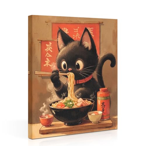 Retro Japanese Cat Eating Ramen Canvas Wall Art, Cat Aesthetic Framed Art Paintings Wall Decor Cats Lover Prints Picture for Living Room Dining Room Farmhouse Decor 11.5x15 Inch - color: Multi 1378