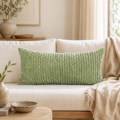 JoraLion 12x24 Boho Decorative Lumbar Throw Pillow Cover, Sage Green Cozy Soft Striped Corduroy Long Rectangle Cushion Case Accent Home Decor for Sofa Bed Room Livingroom, ONLY Cover - color: Sage Green, size: 24" x 12" (Pack of 1)