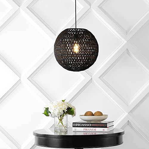 JONATHAN Y 15.75" Black 1-Light Modern Bohemian Woven LED Pendant Light, Adjustable Hanging Ceiling Lamp for Kitchen Island Dining Room, Paper Wicker Shade, Bulb Included (JYL6503C) - color: Black