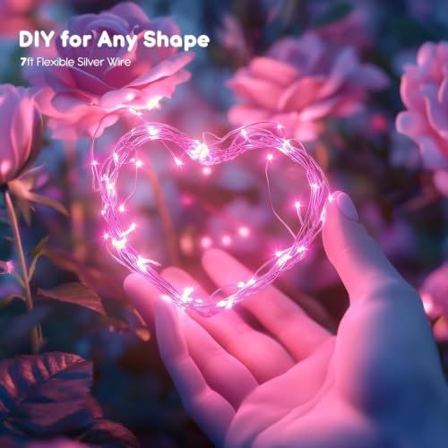 Brightown Valentine's Day 12 Pack Pink Led Fairy Lights Battery Operated String Lights Waterproof Silver Wire 7 Feet 20 Led Firefly Starry Moon Lights for DIY Wedding Party Bedroom - color: Pink, size: 12 Pack
