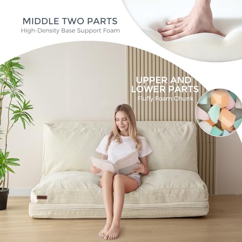 MAXYOYO Folding Sofa Bed, Floor Sofa Convertible Chair with Washable Cover, Floor Couch Lounge Bean Bag Chair Bed for Living Room, Beige, 30x91 Inch - color: Beige, size: Classic Single