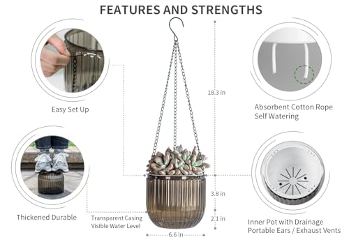 Josteve 6.5 Inch 2 Pcs Self Watering Hanging Planter Indoor Plant Pots Drainage Holes, Outdoor Hanging Planters Flower Pot Basket, Visible Water Level, Plant Hanger Home Decor, Gardening - color: Gray, size: 2*6.5 inch
