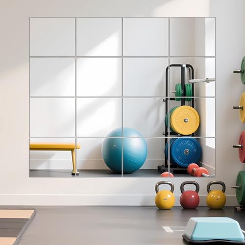 Ruomeng Home Gym Mirrors 14" x 12" x 16Pcs Wall Mounted Mirror Glass Frameless Full Length Mirror Tiles for Home Gym, Bedroom, Door & Bathroom - size: 14"x12"-16pcs