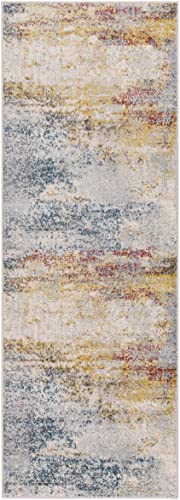 BoutiqueRugs Light Gray Abstract Contemporary 7ft Runner Rug Mustard Ice Blue Navy Alexandra Hallway Kitchen Corridor Stairway Laundry Room 2'7" x 7'3" Stain Resistant Non-Shedding Pet Friendly - color: Gray/Mustard, size: 2'8" x 7'3" (Runner)