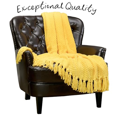 Chanasya Premium Textured Knit Throw Blanket with Tassels - Soft, Cozy Blanket for Couch, Bed, Living Room - 50" x 65” - Bright Yellow - color: Bright Yellow