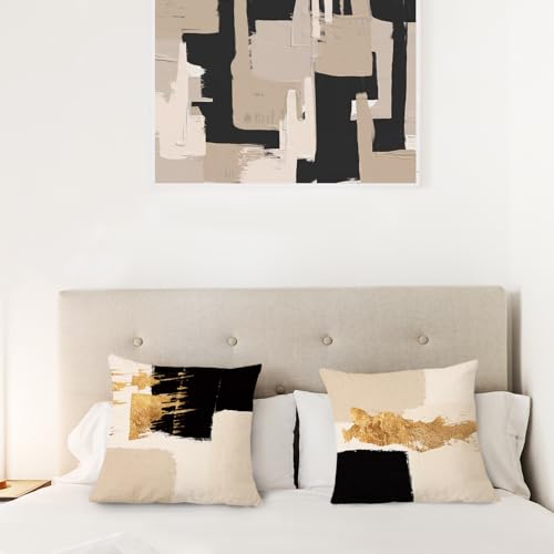 Black Beige and Gold Abstract Pillow Covers 24x24 Double-Sided, Mid Century Modern Decorative Throw Pillow Covers for Living Room Bedroom, Modern Home Decor, Black and Gold Decor, Set of 2 - color: Black Beige Gold, size: 24" x 24" (Pack of 2)