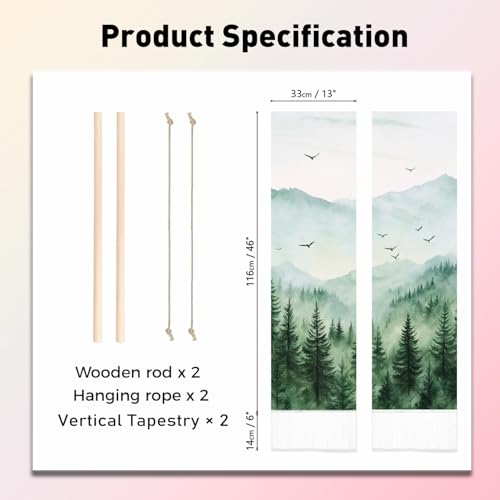 PLIGREAT 2 Pack Mountain Forest Tapestry Misty Foggy Forest Wall Hanging with Tassels Watercolor Tree Landscape Bird Aesthetic Wall Tapestry for Bedroom Bathroom Living Room Nature Scenery Tapestries - color: Green and White
