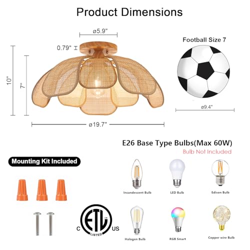 20 Inch Boho Flower Ceiling Light Flush Mount Farmhouse Rattan Light Fixtures for Bedroom Kitchen Dining Room Foyer Hallway Entryway - size: 20 Inch Flush Mount