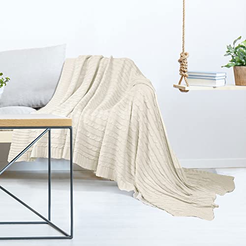 uxcell 100% Cotton Knitted Throw Blanket for Sofa and Couch Soft Lightweight Cable Knit Blanket Home Decors Blanket, Beige 50" x 60" - color: Beige, size: Throw (50" *60")