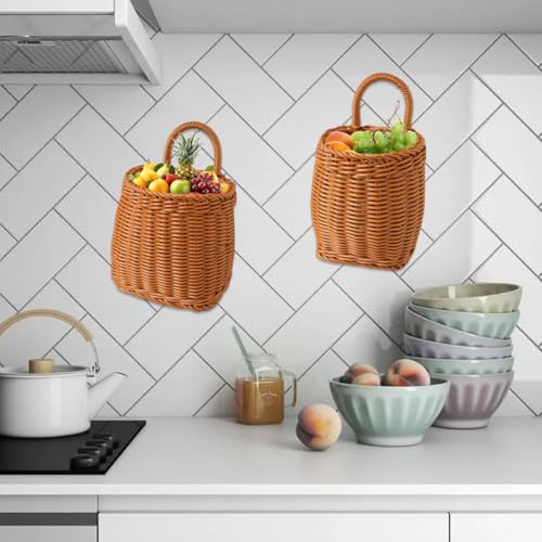 Wicker Wall Hanging Baskets,2 Pcs Handmade Rattan Hanging Wall Baskets for Plants,Flowers,Fruit,Vegetable and Magazines,Woven Wall Mount Decorative Basket for Kitchen, Living Room (Bucket) - color: Bucket