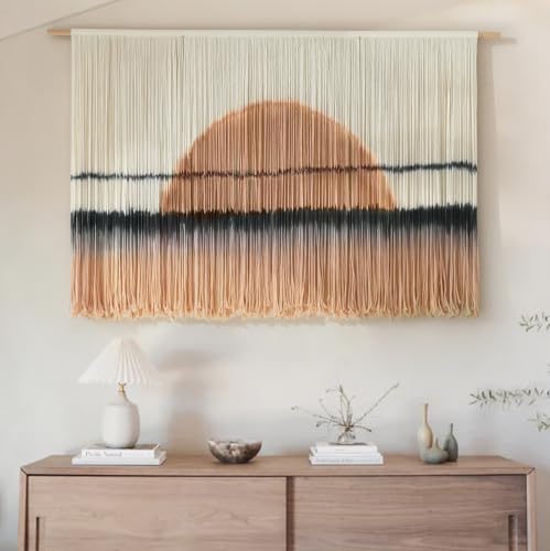 Macrame Wall Hanging Dip Dye Sunset Boho Wall Decor Fiber Art 57" W*35" L - color: Black and Brown