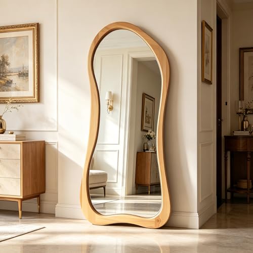 Large Irregular Solid Wood Mirror, 63"x30" Asymmetrical Aesthetic Floor Mirrors with Wooden Frame, Organic Shape Mirror for Entryway Hallway Bedroom Living Room, Leaning/Wall-Mounted - color: Natural Wood Frame, size: 63"L x 30"W