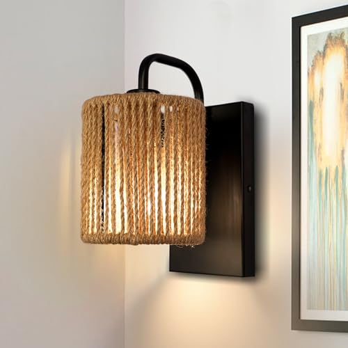 Boho Wall Sconce, Rattan Wall Light Fixtures with Hemp Rope Sconces for Living Room Bathroom Hallway Rustic Bohemian Modern Woven Scocne E26 10inch - color: Woven Rattan Style