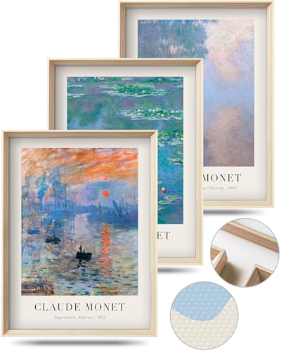 Framed Claude Monet Water Lilies Canvas Wall Art,Vintage Impressionist Botanical Painting,16x12IN High Framed Design Prints,Minimalist Classic Decor Aesthetic for Living Room,Bedroom,Bathroom Set of 3 - color: Framed Monet Vintage Art, size: 16"L x 12"W