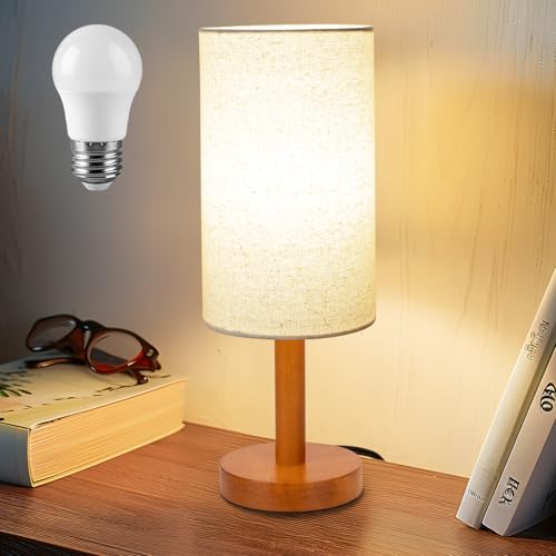 LALISU Small Table Lamp Nightstand Lamp Linen Lampshade Bedroom Wood Base Small Bedside Lamp for Night Stands, Desk Lamps for Reading Living Room, Office (LED Bulb Included) (Rosewood) - color: Rosewood