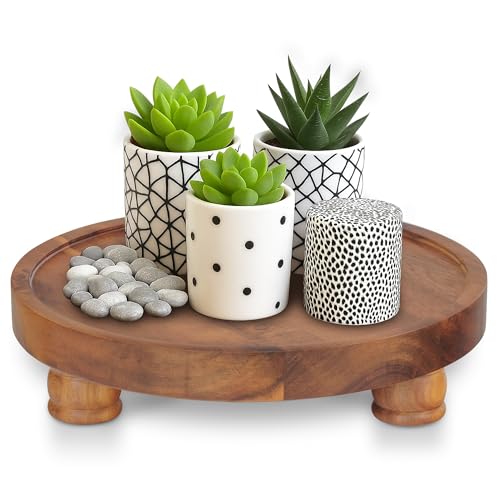 Demigo 10" Acacia Wood Round Tray - Decorative Plant Stand, Farmhouse Countertop Organizer, Multi-Purpose Display Pedestal, Riser Board for Soap, Perfume, Candles, Sponge, Bathroom, Kitchen - color: Brown