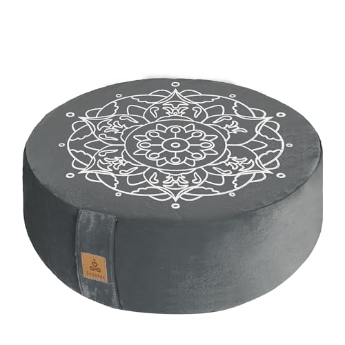 Embroidered Meditation Pillow D=16" H=5.5" Round Velvet Meditation Cushion Yoga Bolster Floor Pouf Zafu Natural Buckwheat hulls Sitting on Floor Removable Organic Cotton Cover Large Kneeling Pillow - color: Dark Grey