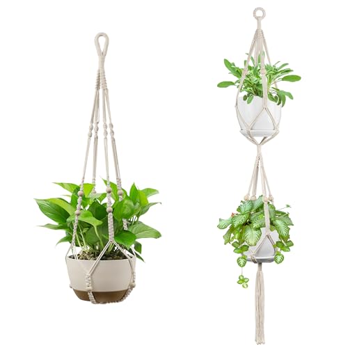 USLAI Macrame Plant Hanger Indoor Outdoor, Fits 4 to 15 Inch Pots, Strong Hanging Planter Holder, Boho Home Decor, 49+35 Inch, Ivory (POTS NOT Included) - color: Ivory, size: 35+49 Inch