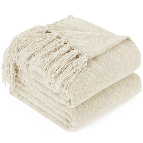 Chenille Throw Blanket for Couch with Tassels,50"X60" Soft Cozy Lightweight Knitted Boho Decorative Blankets for Bed and Sofa,Cream - color: Cream, size: 50"x60"