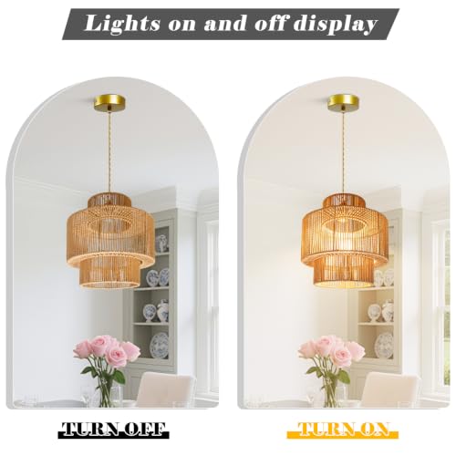 12.6'' Boho Rattan Chandelier Pendant Light Hand-Woven Wicker Pendant Light Fixture Farmhouse Rustic Ceiling Hanging Lamp for Dining Room Over Table Kitchen Island Living Room Bedroom Foyer - color: 12.6″
