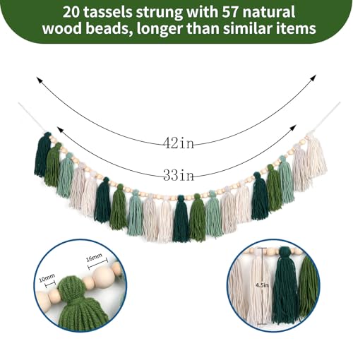 GIAUMA Green Tassel Garland with Wood Bead Jungle Leaves Woodland Forest Boho Wall Hanging Tassels Bunting Banner for Classroom Nursery Dorm Kids Bedroom Room Baby Shower Birthday Party Office Decor - color: Green