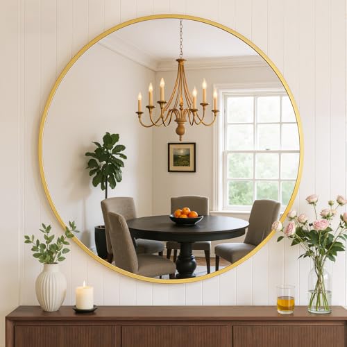 24 Inch Round Bathroom Mirror for Wall, Matte Gold Metal Framed | Circle Vanity Mirror for Bathroom Bedroom Living Room Entryway, Anti-Rust, Tempered Glass, Hanging or Leaning - color: Matte Gold, size: 24"L x 24"W, style: Round