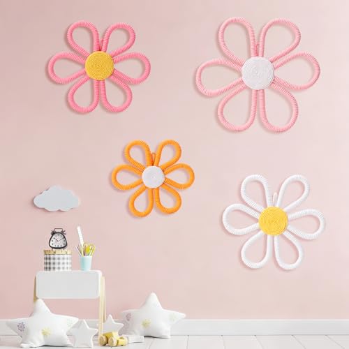 UwinVwin 4 Pcs Boho Daisy Wall Hanging, Woven Macrame Flower Decor, Bohemian Wall Art for Living Room, Bedroom, Home - color: 4 Pcs