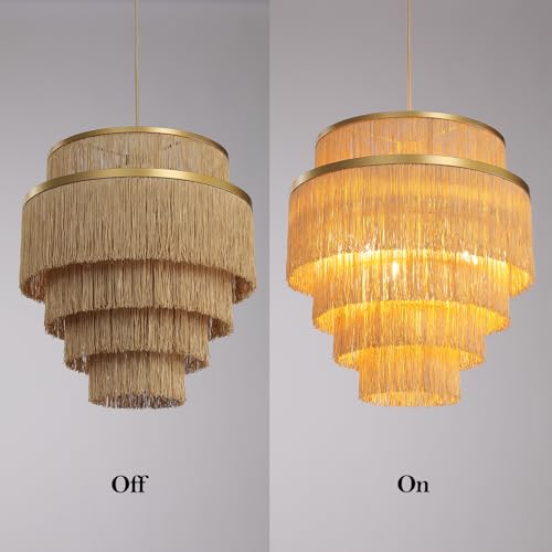 5-Tiered Boho Chandelier with Metal and Fringe,3 Lights Fringe Pendant Light Fixture,Tassle Chandelier for entryway,Dining Room,Baby Nursery,Gold - color: 5-Tiered-Gold